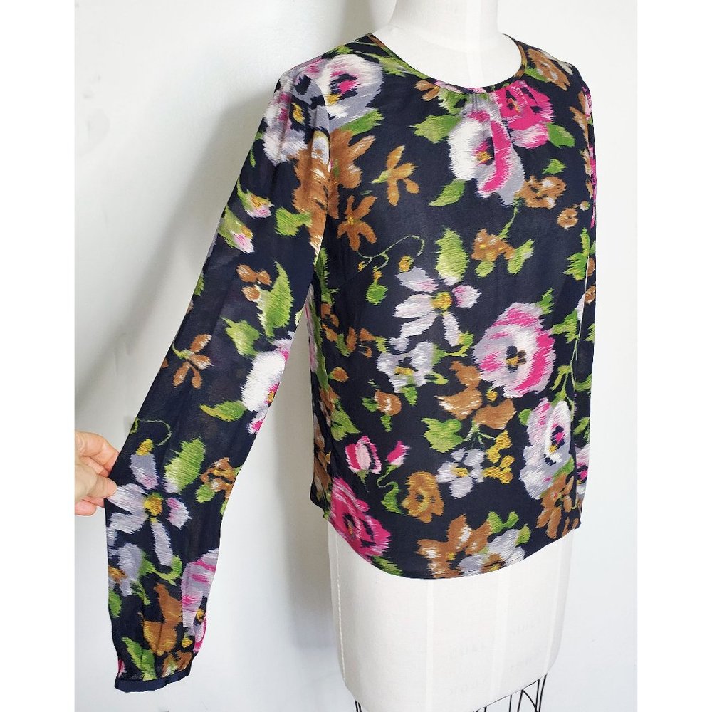 Brooks Brothers Red Fleece Womens Long Sleeve Floral Print Semi Sheer Blouse Top
